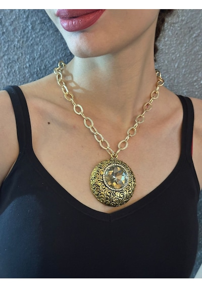 Kristal Taşlı Madalyon Kadın Kolye 22 Cm Renkli