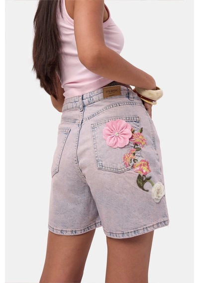 it's basic Kadın Kot Pembe 4s6-9 Mom Relax Gül Ve Nakış Detaylı Özel Tasarım Denim Şort