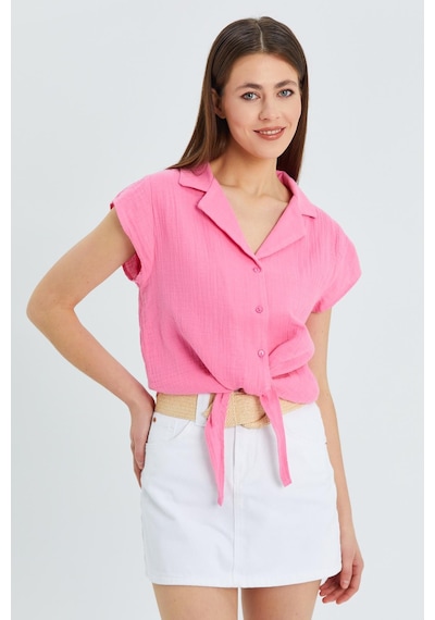 Mixray 4555 Kadın Önü Bağlamalı Müslin Crop Gömlek Pembe