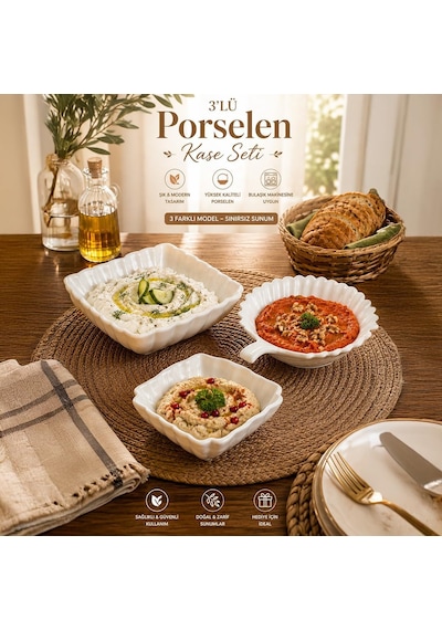 3'lü Beyaz Porselen Kase Seti 3 Farklı Model Salata, Meze Ve Tatlı Sunum Kasesi 15 Cm - 16 Cm Çok Renkli