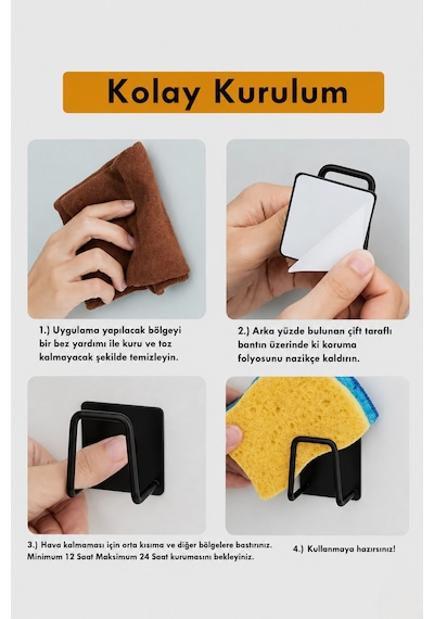 Mainshop 4 Adet Siyah Sünger Askılığı - Paslanmaz Çelik Suya Dayanıklı Delme Gerektirmeyen Tutucu M-sng1