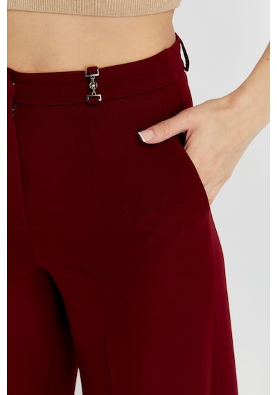 Bolivente Bordo Palazzo Geniş Paça Dokuma Kumaş Pantolon Bordo