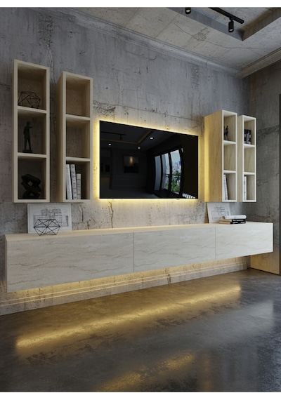 Resital Ledli Duvara Monte Tv Sehpası - Traverten - W6005-8 Traverten