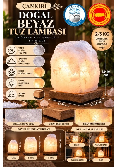 Çankırı 2-3 Kg Beyaz Doğal Kaya Tuzu Lambası Ahşap Kaideli Dekoratif Lamba Diğer