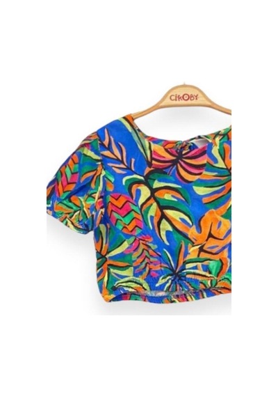 Kız Çocuk Desenli Crop Bluz-13759-mavi Mavi