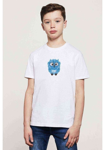 Tshirthane Sevimli Mavi Baykuş Baskılı Unisex Çocuk Beyaz T-Shirt
