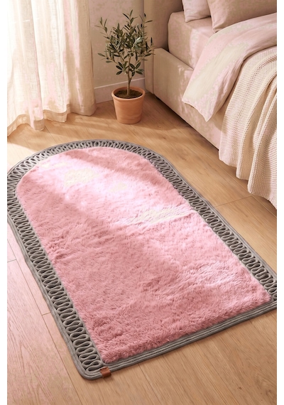 Mihraplı Peluş Seccade 75x130 Cm Süet Taban Yıkanabilir Yumuşak Namaz Halısı Pembe & Gri