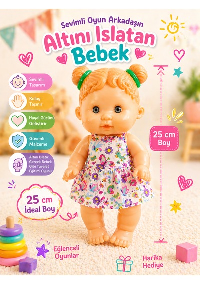 Altını Islatan Oyuncak Bebek 25 Cm Sevimli Eğitici Bebek Seti Biberon & Aksesuar Dahil Çok Renkli