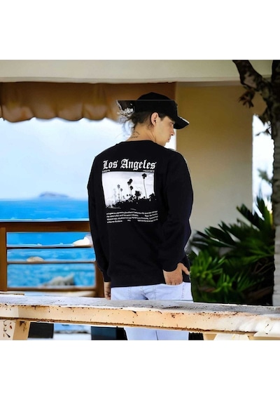 Sweatshirt Unisex Siyah Los Angeles Baskılı Oversize Sweatshirt Siyah