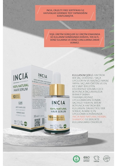 INCIA %100 Doğal Saç Bakım Serumu Biberiye Yağı Saç Dökülmesi Karşıtı 10 Değerli Yağ 30 ML