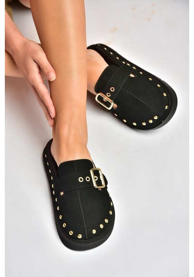 Fox Shoes Y918143802 Siyah Süet Önü Kapalı Zımba Detaylı Sabo Terlik