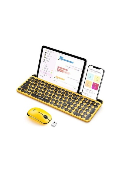 Seenda Yuvarlak Tuşlu Sevimli Kablosuz Klavye Ve Mouse, Bluetooth 2.4g - Sarı/siyah