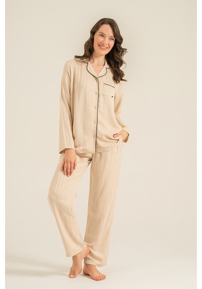 Pierre Cardin 9305 Saten Önden Düğmeli Uzun Kol Kadın Pijama Takımı Bej