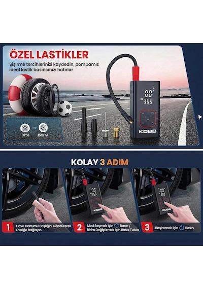 Kobb Kb412 Li-ion Şarjlı 150 Psı Dijital Göstergeli Akıllı Lastik Şişirme Pompası+ Powerbank + Sos +