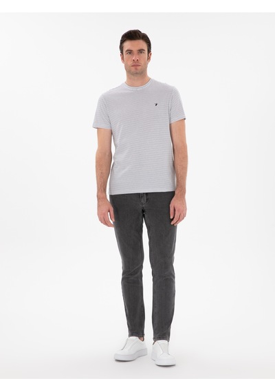 Siyah Slim Fit Bisiklet Yaka Çizgili T-shirt Beyaz