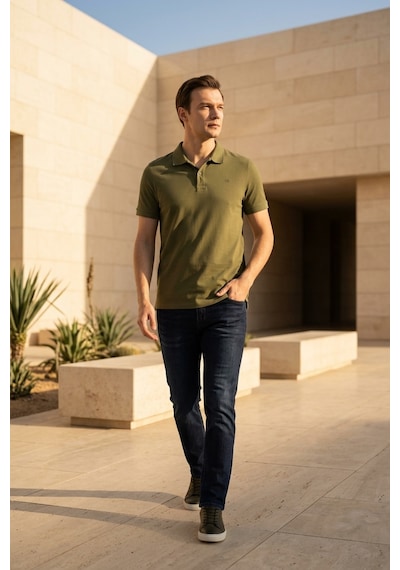 Süvari Slim Fit Düz Baskısız Pike Düğmeli Polo Yaka Nefes Alabilen T-shirt Haki