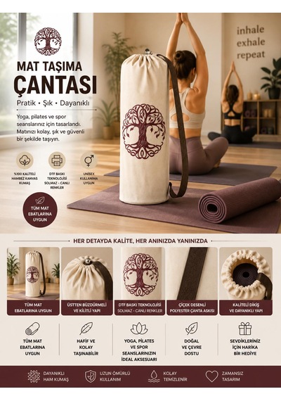 Yoga Mat Taşıma Çantası Hayat Ağacı Lotus Namaste Desenli Hambez Kanvas 70x21 Cm Kahverengi
