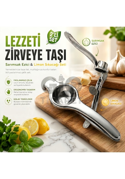 Paslanmaz Çelik Kaplama Limon Sıkacağı Ve Sarımsak Ezici Pres 2'li Mutfak Seti Gümüş - Gri