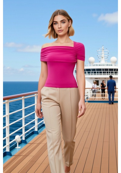 Benerly Kadın Bluz Slim Fit Asimetrik Yaka Tek Kısa Kol Örme Kumaş Büzgül Fuşya