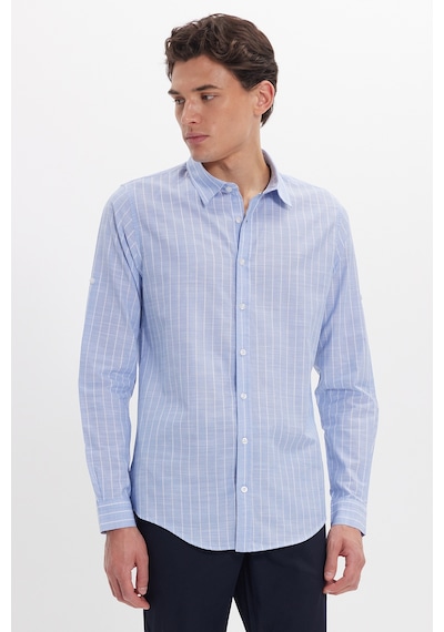 Tudors Erkek Slim Fit Dar Kesim Uzun Kollu %100 Pamuk Keten Doku Çizgili Gömlek-42647 Mavi