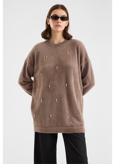 Olcay Taş Detaylı Soft Kumaş Oversize Triko Kazak Vizon 8290