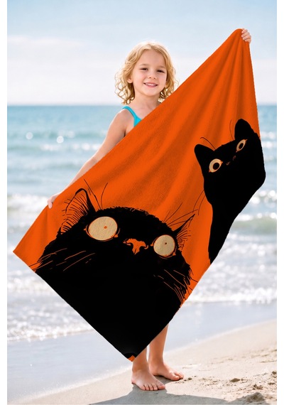 Kedi Figürlü Turuncu Plaj Havlusu - Modern Siyah Marine Havuz Deniz Hızlı Kuruyan Mikrofiber Havlu Keten Şeftali