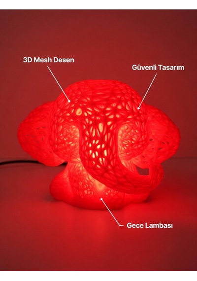 Sevimli Fil Çocuk Odası Gece Lambası 3d Tasarım Led Işıklı Masaüstü Mesh Dekor Hediyelik Kırmızı