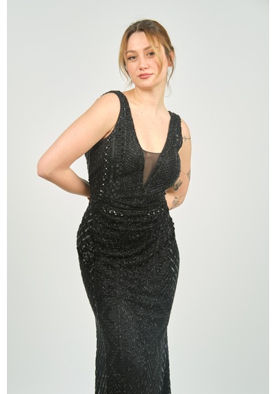 Gatsbylady London Kadın Sırt Dekolteli Full Taş İşlemeli Uzun Abiye Elbise 2510 Siyah