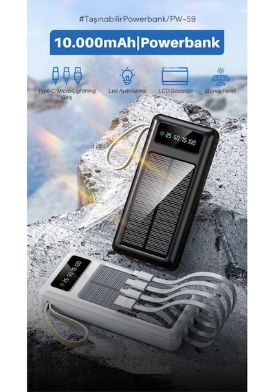 Solar 10.000 Mah Güneş Enerjili Led Işıklı Powerbank Şarj Aleti 2x Usb Çıkışlı Mikro Typc Lıghtnıng Siyah
