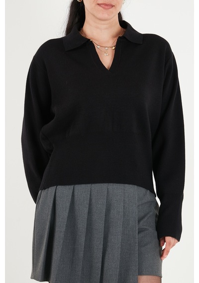 Lela Yumuşak Dokulu Regular Fit Polo Yaka Kazak Kadın Kazak 680kz00163 Siyah