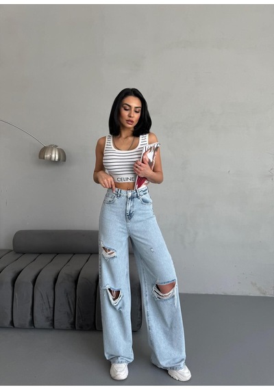 Kadın Baggy Fit Lazerli Yüksek Bel Geniş Paça Kot Pantolon Açık Mavi Mavi+açık
