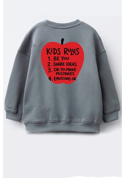 Monila Unisex Çocuk Sırtı Elma Baskılı 3 İplik Kumaş Pamuklu Sweatshirt Antrasit