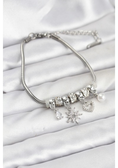Pirinç Gümüş Renk Kutup Yıldızı Ve Kalp Charmlı Kadın Bileklik Açık Mavi