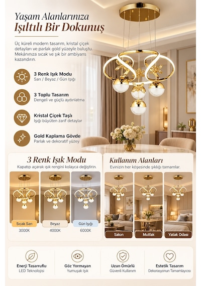 Ey-El Tasarım Venüs 4'lü Ledli Gold 3 Renk Sarkıt Avize Gold