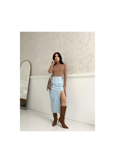 Kene Jeans Yüksek Bel Buz Mavi Uzun Ön Parçalı Asimetrik Kot Etek Buz Mavi