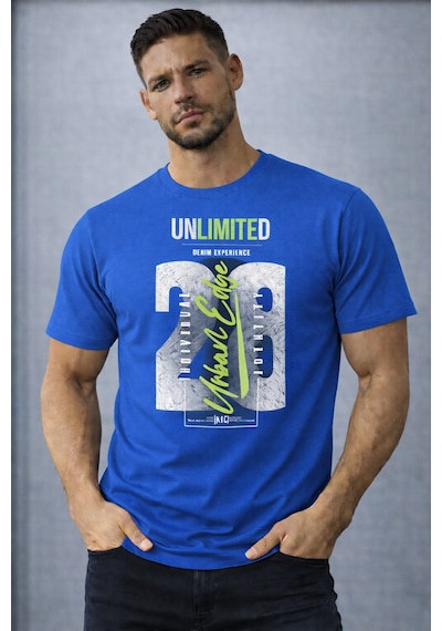 Herkesemoda Unlımıted Yazı Detaylı Basic T-shirt Mavi