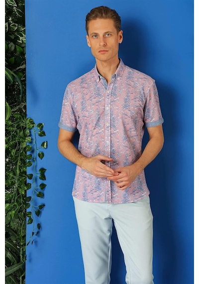 Efor Slim Fit Düğmeli Yaka Desenli Kısa Kol Pamuk Lila Gömlek G 1499 Lila