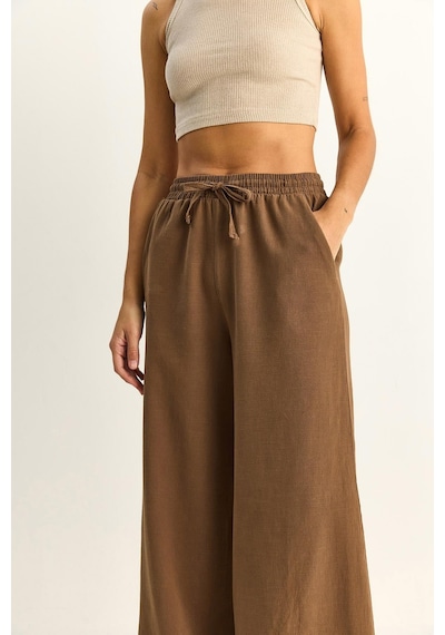 Shade Kadın Beli Lastikli Cep Detaylı Bol Keten Pantolon Yp5562 60286109 - Kahve