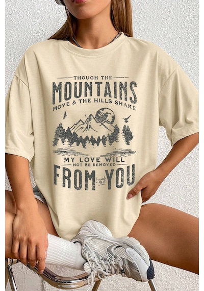 Unisex Mountains Baskılı Tasarım Tshirt Bej
