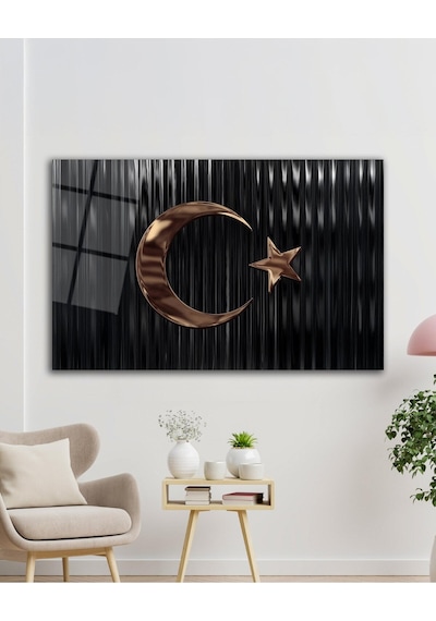 Türk Bayrağı Cam Tablo Bakır Renk Modern Ev Ofis Salon Kurum Hediyelik Tablo