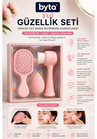3 Lü Güzellik Ve Bakım Seti Saç Masaj Fırçası, Yüz Temizleme Fırçası Ve Makyaj Süngeri