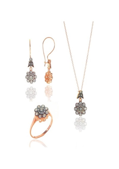 Gümüş Rose Zirkon Taşlı Elmas Montürlü Çiçek Modeli Set (535070101)