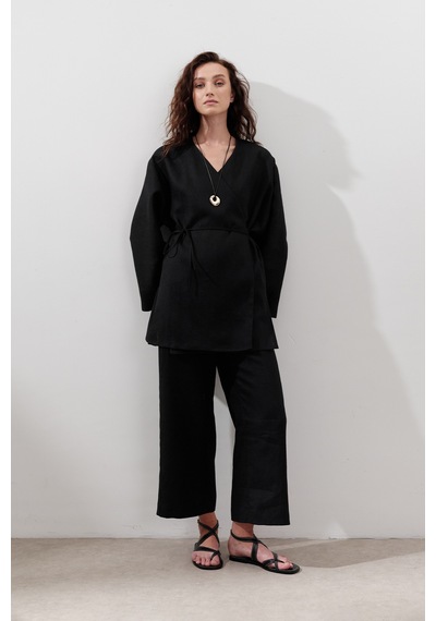 Manuka Keten Kruvaze Kapama Kimono Siyah Siyah