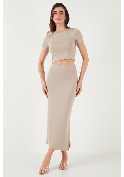 Lela Slim Fit Yırtmaç Detaylı Uzun Etekli Crop Bayan Takım 5866148 Taş