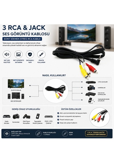 Krt-1135 Sony Dikmen Stereo Rca Kablo - 3 Rca Ve Jack Bağlantılı- 15'li Paket Diğer