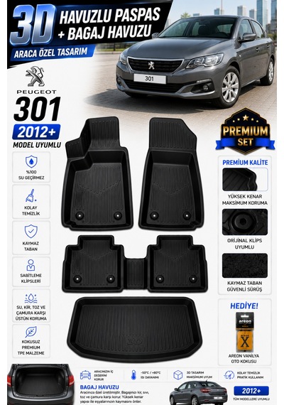 Peugeot 301 2023 Model Uyumlu 3d Araca Özel Havuzlu Paspas+bagaj Havuzu Birebir Uyum