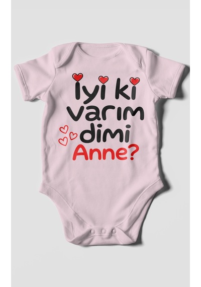 Morivokids İyi Ki Varım Dimi Anne Kısa Kollu Bebek Body %100 Pamuk Bebe Pembe