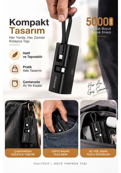 5000 Mah Powerbank 20w Pd Hızlı Şarj Dahili Lightning Kablolu Usb-c Taşınabilir Şarj Cihazı siyah