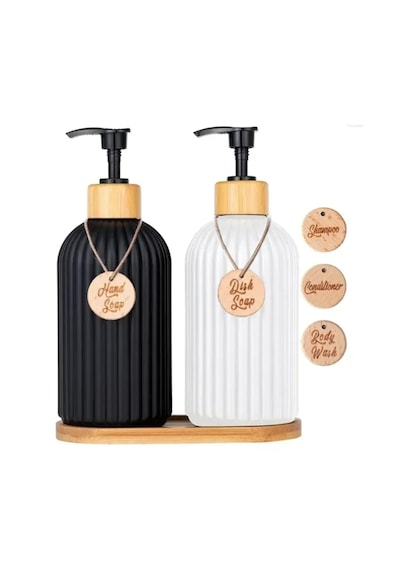 2 Li Hands Dishes Siyah Beyaz Dekoratif Mutfak Banyo Sıvı Cam Sabunluk Seti 500ml Bambu Stantlı Set Beyaz - Siyah 2 Li Hands Dishes Siyah Beyaz Dekoratif Mutfak Banyo Sıvı Cam Sabunluk Seti 500ml Bambu Stantlı Set Beyaz - Siyah