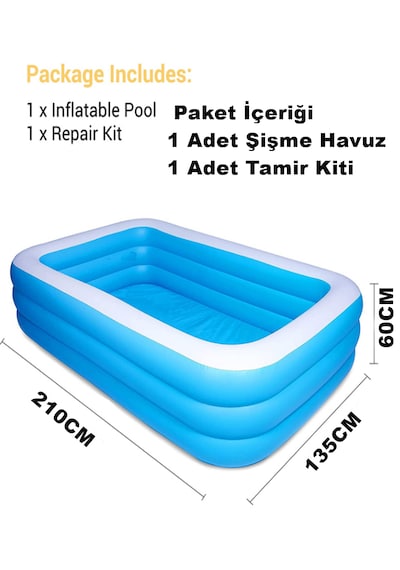 210x135x60cm Şişme Havuz 3 Katmanlı Yazlık Bahçe Havuzu Dikdörtgen Şişme Havuz Tatil Havuzu Yaz Mavi